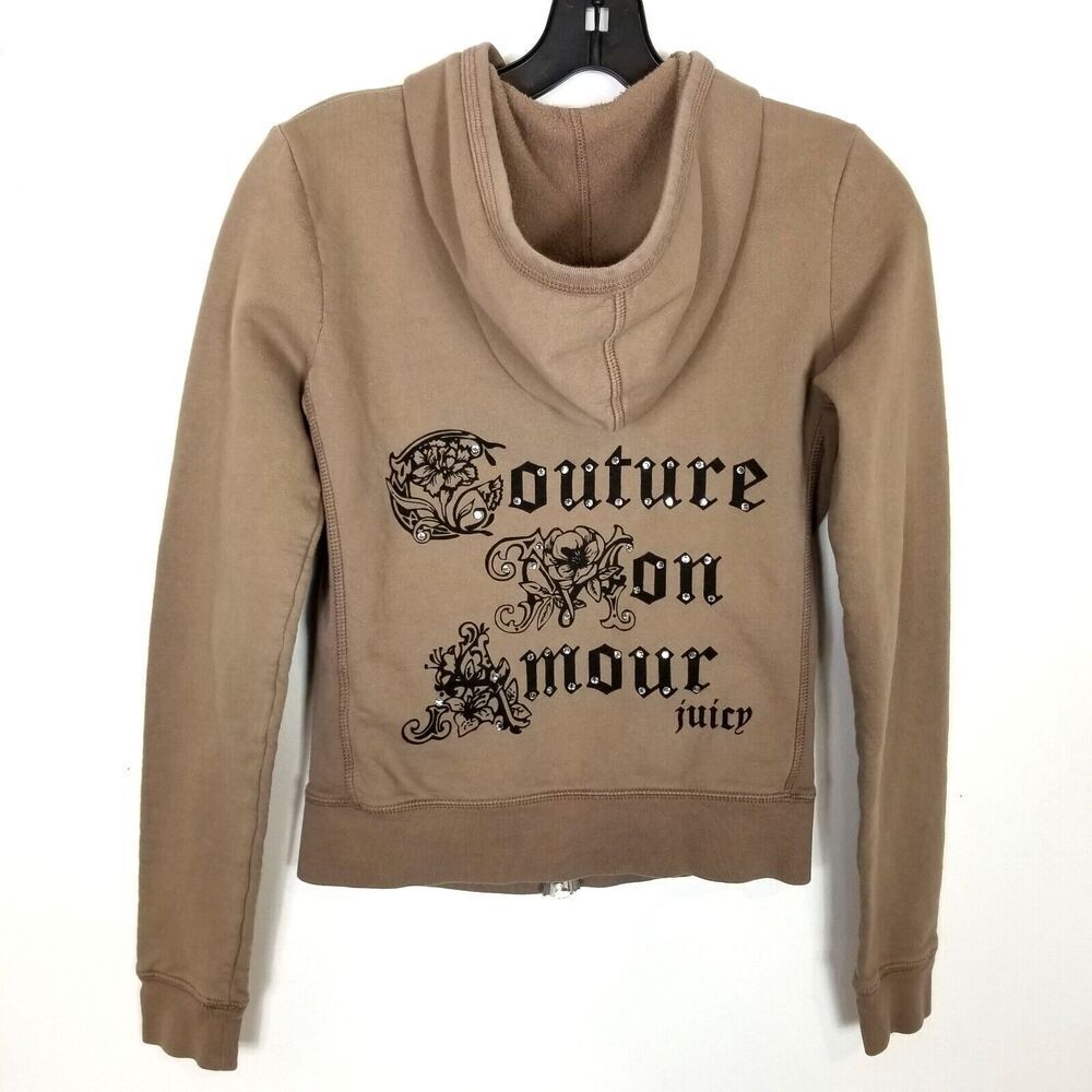 Juicy Couture Women Swarovski Rhinestone Zip Hoodie  Sz S Mon‎ Amour Brown Y2K